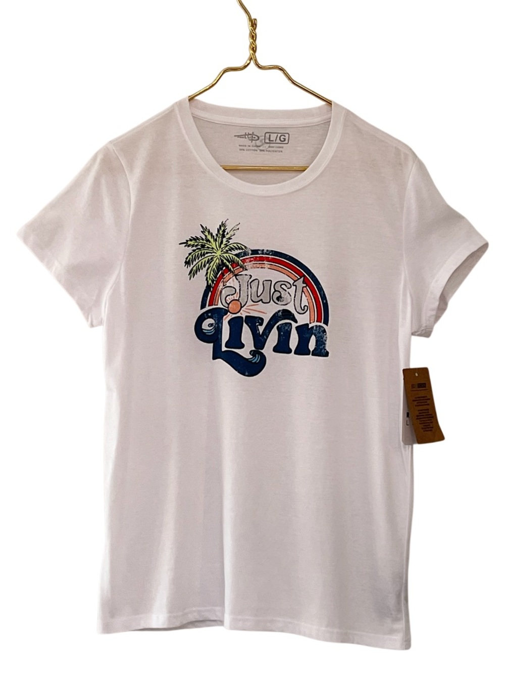 Reel Life Just Livin Graphic T-Shirt Palm Tree Rainbow Tee NWT White Size L